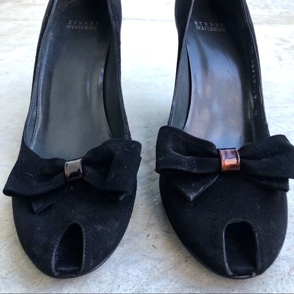 Stuart Weitzman Black suede Peeptoe wedges heels tortoise shell 9 Narrow - Picture 4 of 6